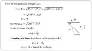 Consider the right angle triangle OAB,
𝑉 = 𝑉𝑅
2 + 𝑉𝐶
2 = 𝐼𝑅 2 + 𝐼 × 𝑋 𝐶
2𝑉𝑆 =
= 𝐼 𝑅 2 + 𝑋 𝐶
2
𝑉 = 𝐼𝑍
𝑍 = 𝑅 2 + 𝑋 𝐶
2Impedance,
From impedance triangle,
tan𝜙 =
𝑋 𝐶
𝑅
In rectangular form, impedance can be represented as
𝑍 = 𝑅 − 𝑗𝑋 𝐶
𝑅 = 𝑍cos𝜙, 𝑋 𝐶 = 𝑍sin𝜙where
 