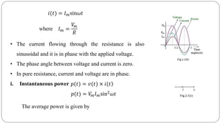 where
• The current flowing through the resistance is also
sinusoidal and it is in phase with the applied voltage.
• The phase angle between voltage and current is zero.
• In pure resistance, current and voltage are in phase.
i. Instantaneous power
𝑖(𝑡) = 𝐼 𝑚sin𝜔𝑡
𝐼 𝑚 =
𝑉𝑚
𝑅
)𝑝(𝑡) = 𝑣(𝑡) × 𝑖(𝑡
𝑝(𝑡) = 𝑉𝑚 𝐼 𝑚sin2
𝜔𝑡
The average power is given by
 