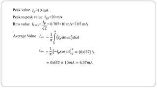 Peak value
Peak to peak value
Rms value = 0.707×10 mA=7.07 mA
𝐼 𝑝=10 mA
𝐼 𝑝𝑝=20 mA
𝐼𝑟𝑚𝑠=
𝐼 𝑝
2
Average Value =
1
𝜋
0
𝜋
𝐼 𝑝sin𝜔𝑡 𝑑𝜔𝑡𝐼 𝑎𝑣
𝐼 𝑎𝑣 =
1
𝜋
−𝐼 𝑝cos𝜔𝑡
0
𝜋
= 0.637 𝐼 𝑃
= 0.637 × 10𝑚𝐴 = 6.37𝑚𝐴
 