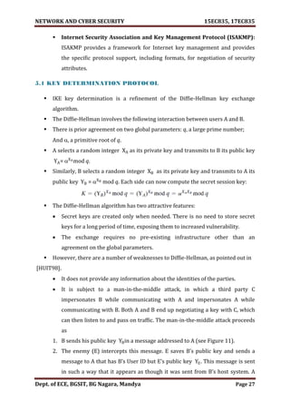 NETWORK AND CYBER SECURITY 15EC835, 17EC835
Dept. of ECE, BGSIT, BG Nagara, Mandya Page 27
 Internet Security Association and Key Management Protocol (ISAKMP):
ISAKMP provides a framework for Internet key management and provides
the specific protocol support, including formats, for negotiation of security
attributes.
5.1 KEY DETERMINATION PROTOCOL
 IKE key determination is a refinement of the Diffie-Hellman key exchange
algorithm.
 The Diffie-Hellman involves the following interaction between users A and B.
 There is prior agreement on two global parameters: q, a large prime number;
And , a primitive root of q.
 A selects a random integer XA as its private key and transmits to B its public key
YA= XAmod q.
 Similarly, B selects a random integer XB as its private key and transmits to A its
public key YB = XB mod q. Each side can now compute the secret session key:
 The Diffie-Hellman algorithm has two attractive features:
 Secret keys are created only when needed. There is no need to store secret
keys for a long period of time, exposing them to increased vulnerability.
 The exchange requires no pre-existing infrastructure other than an
agreement on the global parameters.
 However, there are a number of weaknesses to Diffie-Hellman, as pointed out in
[HUIT98].
 It does not provide any information about the identities of the parties.
 It is subject to a man-in-the-middle attack, in which a third party C
impersonates B while communicating with A and impersonates A while
communicating with B. Both A and B end up negotiating a key with C, which
can then listen to and pass on traffic. The man-in-the-middle attack proceeds
as
1. B sends his public key YBin a message addressed to A (see Figure 11).
2. The enemy (E) intercepts this message. E saves B’s public key and sends a
message to A that has B’s User ID but E’s public key YE. This message is sent
in such a way that it appears as though it was sent from B’s host system. A
 