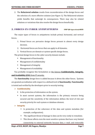 NETWORK AND CYBER SECURITY 15EC835, 17EC835
Dept. of ECE, BGSIT, BG Nagara, Mandya Page 7
2. The Refactored solution results from reconsideration of the design forces and
the selection of a more effective solution (see Figure 1). The Refactored solution
yields benefits that outweigh its consequences. There may also be related
solutions or variations that also resolve the design forces beneficially.
2. FORCES IN CYBER ANTIPATTERNS IMP QS (question)-08M
The major types of forces in antipatterns include primal, horizontal, and vertical
forces.
1. Primal forces are pervasive design forces present in almost every design
decision.
2. Horizontal forces are forces that can apply in all domains.
3. Vertical forces are domain or system specific design forces.
The primal design forces in the cyber security domain include:
 Management of functionality
 Management of confidentiality
 Management of integrity
 Management of availability
You probably recognize this formulation as the famous Confidentiality, Integrity,
and Availability (CIA) from IT security.
The functionality design force is added because it drives the other forces. Systems
are granted accreditation with respect to a defined level of functionality. Functionality
is tested and verified by the developers prior to security testing.
 Confidentiality
 Is the protection of information on the system.
 In most current systems, the information is the primary resource being
secured and the sensitivity of the information defines the level of risk and
security priority for each system or database element.
 Integrity
 Is protection of the coherence of the data and system metadata (for
example, configuration).
 The significant threat of damage to data can be very costly to remediate.
 This threat affects even the most sensitive systems that have very limited
connectivity to external networks because data, e‑mail, and removable
 