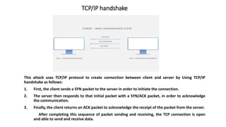 TCP/IP handshake
This attack uses TCP/IP protocol to create connection between client and server by Using TCP/IP
handshake as follows:
1. First, the client sends a SYN packet to the server in order to initiate the connection.
2. The server then responds to that initial packet with a SYN/ACK packet, in order to acknowledge
the communication.
3. Finally, the client returns an ACK packet to acknowledge the receipt of the packet from the server.
After completing this sequence of packet sending and receiving, the TCP connection is open
and able to send and receive data.
 