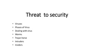 Threat to security
• Viruses
• Phases of Virus
• Dealing with virus
• Worms
• Trojan horse
• Intruders
• Insiders
 