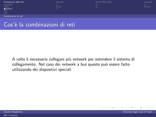 Fondamenti delle reti            Internet               World Wide Web                         sicurezza




Combinazioni di reti



Cos’` la combinazioni di reti
    e




         A volte ` necessario collegare pi` network per estendere il sistema di
                  e                        u
         collegamento. Nel caso dei network a bus questo pu` essere fatto
                                                              o
         utilizzando dei dispositivi speciali




Garzetti Margherita                                                      Universit´ degli studi di Trento
                                                                                  a
Reti e Internet
 