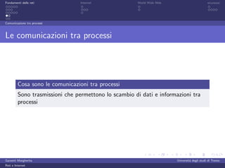 Fondamenti delle reti            Internet             World Wide Web                         sicurezza




Comunicazione tra processi



Le comunicazioni tra processi




         Cosa sono le comunicazioni tra processi
         Sono trasmissioni che permettono lo scambio di dati e informazioni tra
         processi




Garzetti Margherita                                                    Universit´ degli studi di Trento
                                                                                a
Reti e Internet
 