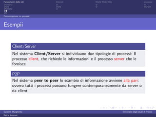 Fondamenti delle reti             Internet               World Wide Web                         sicurezza




Comunicazione tra processi



Esempii


         Client/Server
         Nel sistema Client/Server si individuano due tipologie di processi: Il
         processo client, che richiede le informazioni e il processo server che le
         fornisce

         P2P
         Nel sistema peer to peer lo scambio di informazione avviene alla pari:
         ovvero tutti i processi possono fungere contemporaneamente da server o
         da client



Garzetti Margherita                                                       Universit´ degli studi di Trento
                                                                                   a
Reti e Internet
 