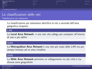 Fondamenti delle reti             Internet              World Wide Web                         sicurezza




Le classiﬁcazioni delle reti



Le classiﬁcazioni delle reti
Classiﬁcazioni per estensione

         La classiﬁcazione per estensione identiﬁca le reti a seconda dell’area
         geograﬁca ricoperta
         LAN
         La Local Area Network: ` una rete che collega pi` computer all’interno
                                e                        u
         di uno o pi` ediﬁci
                    u

         MAN
         La Metropolitan Area Network ` una rete pi` vasta della LAN ma pur
                                           e       u
         sempre limitata ad un area cittadina

         WAN
         La Wide Area Network permette un collegamento tra pi` citt` o tra
                                                             u     a
         diverse zone geograﬁche
Garzetti Margherita                                                      Universit´ degli studi di Trento
                                                                                  a
Reti e Internet
 