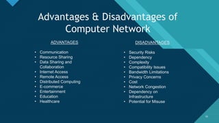 Click to edit Master title style
10
Advantages & Disadvantages of
Computer Network
ADVANTAGES
• Communication
• Resource Sharing
• Data Sharing and
Collaboration
• Internet Access
• Remote Access
• Distributed Computing
• E-commerce
• Entertainment
• Education
• Healthcare
DISADVANTAGES
• Security Risks
• Dependency
• Complexity
• Compatibility Issues
• Bandwidth Limitations
• Privacy Concerns
• Cost
• Network Congestion
• Dependency on
Infrastructure
• Potential for Misuse
10
 