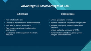 Click to edit Master title style
15
Advantages & Disadvantages of LAN
15
Advantages Disadvantages
• Fast data transfer rates
• Low cost of implementation and maintenance
• High level of security and privacy
• Easy resource sharing and collaboration
among users
• Local control and management of network
resources
• Limited geographic coverage
• Potential for network congestion in larger LANs
• Reliance on physical infrastructure (cables,
switches)
• Limited scalability compared to WANs
• Vulnerable to localized disruptions (power
outages, hardware failures
 