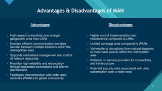 Click to edit Master title style
18
Advantages & Disadvantages of MAN
18
Advantages Disadvantages
• High-speed connectivity over a larger
geographic area than LANs
• Enables efficient communication and data
transfer between multiple locations within the
metropolitan area
• Supports centralized management and control
of network resources
• Provides high reliability and redundancy
through redundant connections and failover
mechanisms
• Facilitates interconnection with wider area
networks (WANs) for global connectivity
• Higher cost of implementation and
maintenance compared to LANs
• Limited coverage area compared to WANs
• Vulnerable to disruptions from natural disasters
or man-made events within the metropolitan
area
• Reliance on service providers for connectivity
and infrastructure
• Potential security risks associated with data
transmission over a wider area
 