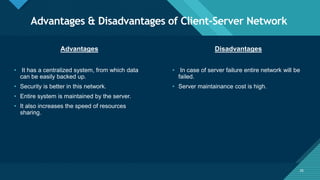 Click to edit Master title style
26
Advantages & Disadvantages of Client-Server Network
26
Advantages Disadvantages
• It has a centralized system, from which data
can be easily backed up.
• Security is better in this network.
• Entire system is maintained by the server.
• It also increases the speed of resources
sharing.
• In case of server failure entire network will be
failed.
• Server maintainance cost is high.
 