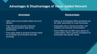 Click to edit Master title style
32
Advantages & Disadvantages of Value- Added Network
32
Advantages Disadvantages
• VANs make communication faster and more
efficient.
• They offer strong security measures,
safeguarding sensitive data during
transmission.
• They easily adapt to growing business needs
for increased communication and data
exchange.
• Setting up and keeping VANs operational can
be costly, particularly for small businesses.
• Businesses rely on service providers, and
problems can interrupt communication.
• Some VANs may not offer many options for
customization, which could be a drawback for
businesses with specific needs.
 
