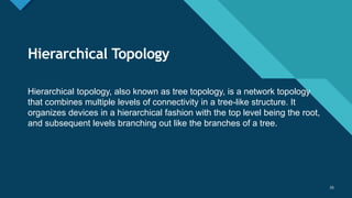 Click to edit Master title style
35
Hierarchical Topology
35
Hierarchical topology, also known as tree topology, is a network topology
that combines multiple levels of connectivity in a tree-like structure. It
organizes devices in a hierarchical fashion with the top level being the root,
and subsequent levels branching out like the branches of a tree.
 