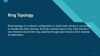 Click to edit Master title style
41
Ring Topology
41
Ring topology is a network configuration in which each device is connected
to exactly two other devices, forming a closed loop or ring. Data travels in
one direction around the ring, passing through each device until it reaches
its destination.
 