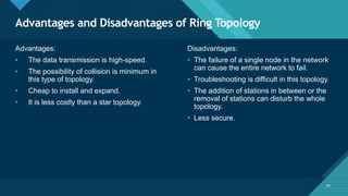 Click to edit Master title style
43
Advantages and Disadvantages of Ring Topology
43
Advantages:
• The data transmission is high-speed.
• The possibility of collision is minimum in
this type of topology.
• Cheap to install and expand.
• It is less costly than a star topology.
Disadvantages:
• The failure of a single node in the network
can cause the entire network to fail.
• Troubleshooting is difficult in this topology.
• The addition of stations in between or the
removal of stations can disturb the whole
topology.
• Less secure.
 