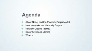 Agenda
About Neo4j and the Property Graph Model
How Networks are Naturally Graphs
Network Graphs (demo)
Security Graphs (demo)
Wrap up
 