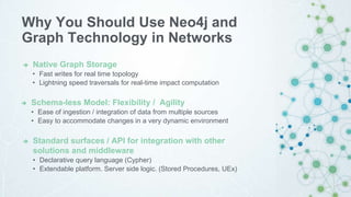 Why You Should Use Neo4j and
Graph Technology in Networks
Native Graph Storage
• Fast writes for real time topology
• Lightning speed traversals for real-time impact computation
Schema-less Model: Flexibility / Agility
• Ease of ingestion / integration of data from multiple sources
• Easy to accommodate changes in a very dynamic environment
Standard surfaces / API for integration with other
solutions and middleware
• Declarative query language (Cypher)
• Extendable platform. Server side logic. (Stored Procedures, UEx)
 
