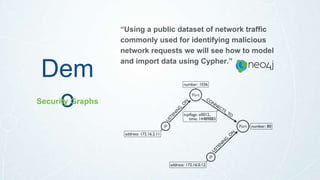 Dem
o
“Using a public dataset of network traffic
commonly used for identifying malicious
network requests we will see how to model
and import data using Cypher.”
Security Graphs
 