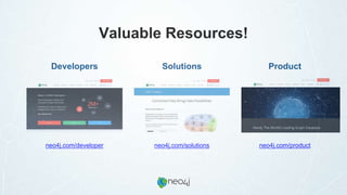 Valuable Resources!
neo4j.com/developer neo4j.com/solutions neo4j.com/product
Developers Solutions Product
 