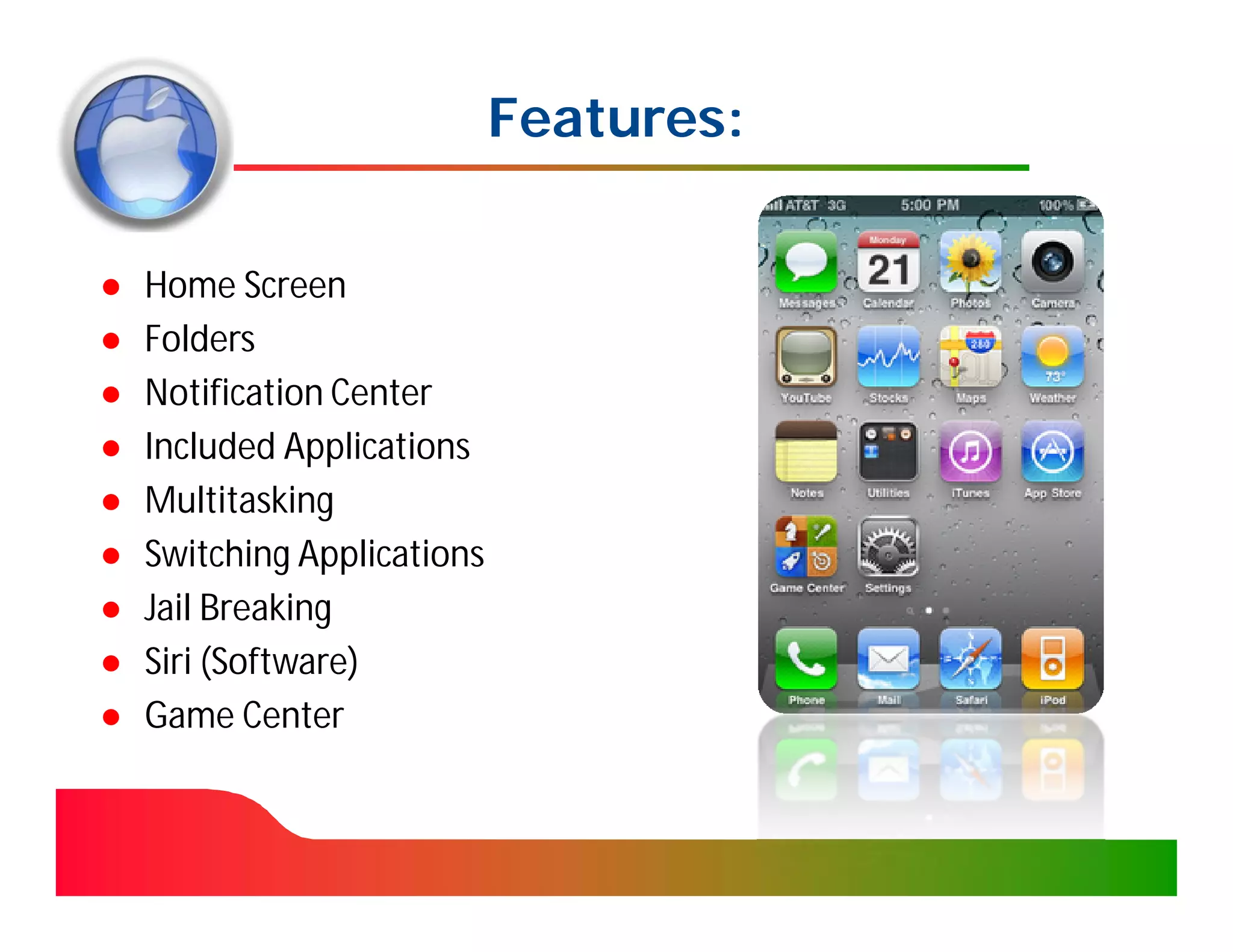 Features:

●   Home Screen
●   Folders
●   Notification Center
●   Included Applications
●   Multitasking
●   Switching Applications
●   Jail Breaking
●   Siri (Software)
●   Game Center
 
