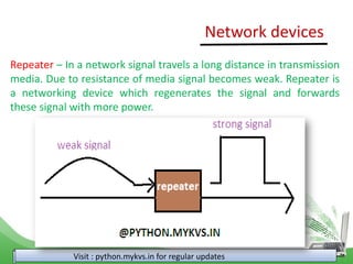 Visit : python.mykvs.in for regular updates
Repeater – In a network signal travels a long distance in transmission
media. Due to resistance of media signal becomes weak. Repeater is
a networking device which regenerates the signal and forwards
these signal with more power.
Network devices
 