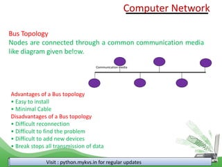 Visit : python.mykvs.in for regular updates
Bus Topology
Nodes are connected through a common communication media
like diagram given below.
Advantages of a Bus topology
• Easy to install
• Minimal Cable
Disadvantages of a Bus topology
• Difficult reconnection
• Difficult to find the problem
• Difficult to add new devices
• Break stops all transmission of data
node
node
node
node
node
node
Communication media
Computer Network
 
