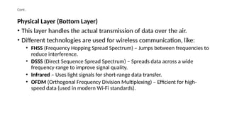 Cont..
Physical Layer (Bottom Layer)
• This layer handles the actual transmission of data over the air.
• Different technologies are used for wireless communication, like:
• FHSS (Frequency Hopping Spread Spectrum) – Jumps between frequencies to
reduce interference.
• DSSS (Direct Sequence Spread Spectrum) – Spreads data across a wide
frequency range to improve signal quality.
• Infrared – Uses light signals for short-range data transfer.
• OFDM (Orthogonal Frequency Division Multiplexing) – Efficient for high-
speed data (used in modern Wi-Fi standards).
 