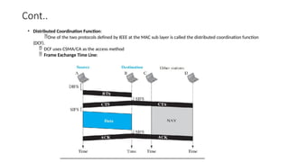 Cont..
• Distributed Coordination Function:
One of the two protocols defined by IEEE at the MAC sub layer is called the distributed coordination function
(DCF).
 DCF uses CSMA/CA as the access method
 Frame Exchange Time Line:
 