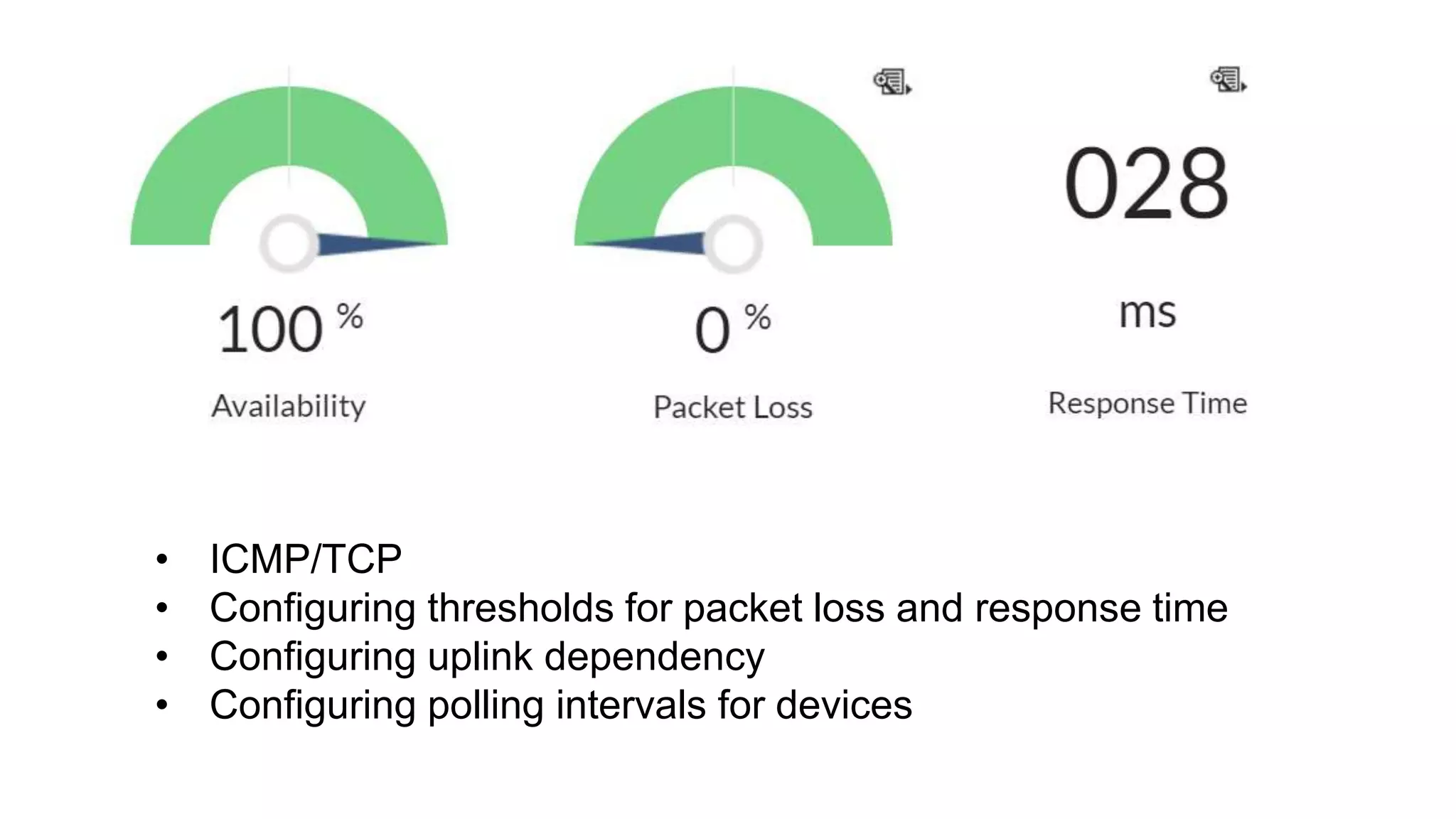 • ICMP/TCP
• Configuring thresholds for packet loss and response time
• Configuring uplink dependency
• Configuring polling intervals for devices
 