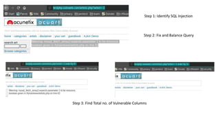 Step 1: Identify SQL Injection
Step 2: Fix and Balance Query
Step 3: Find Total no. of Vulnerable Columns
 
