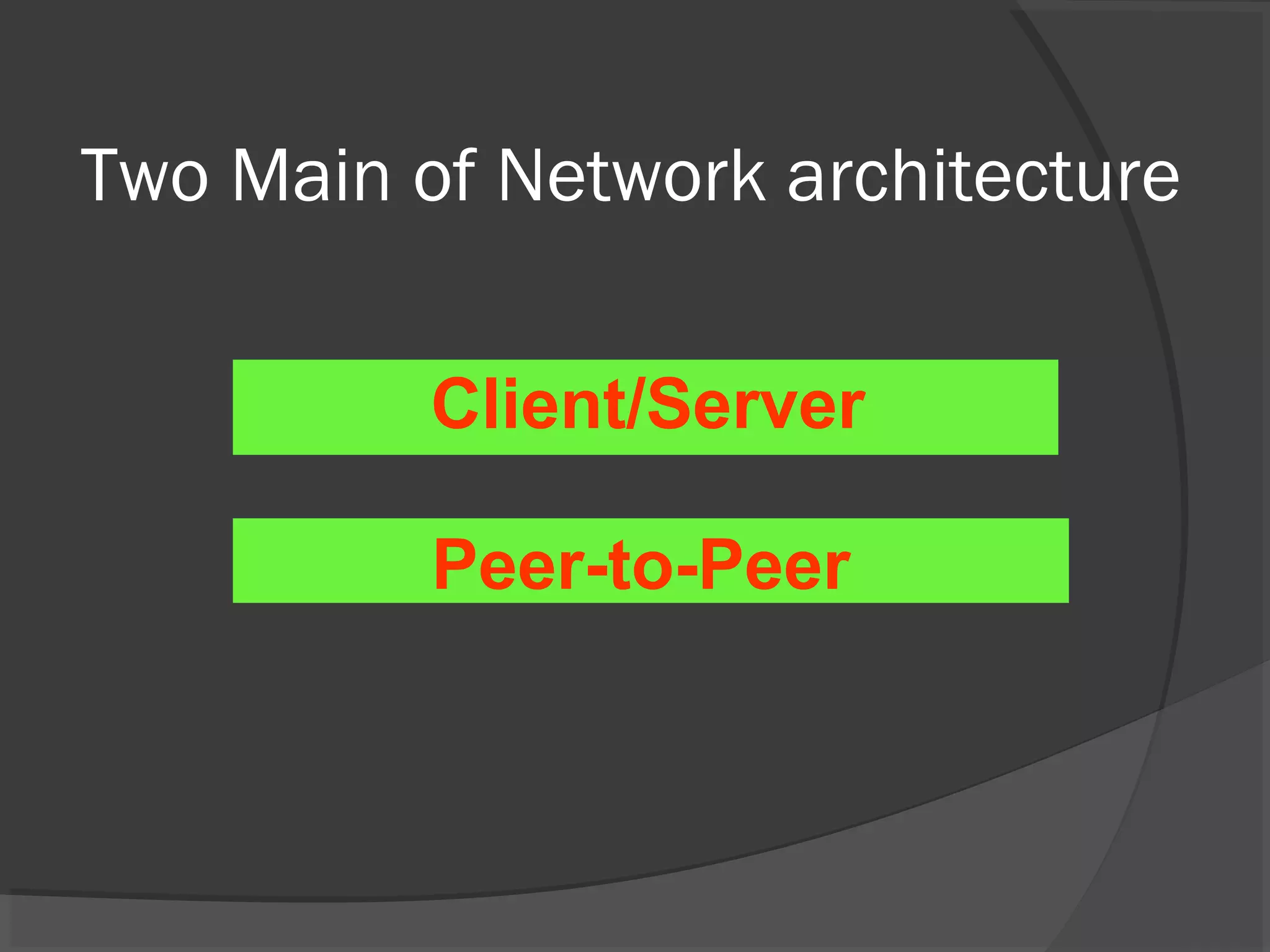 Two Main of Network architecture
Client/Server
Peer-to-Peer
 
