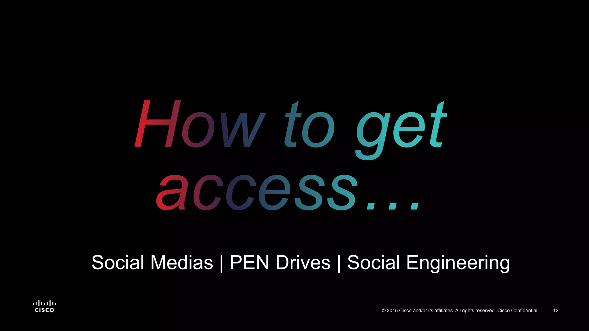 12© 2015 Cisco and/or its affiliates. All rights reserved. Cisco Confidential
Social Medias | PEN Drives | Social Engineering
 