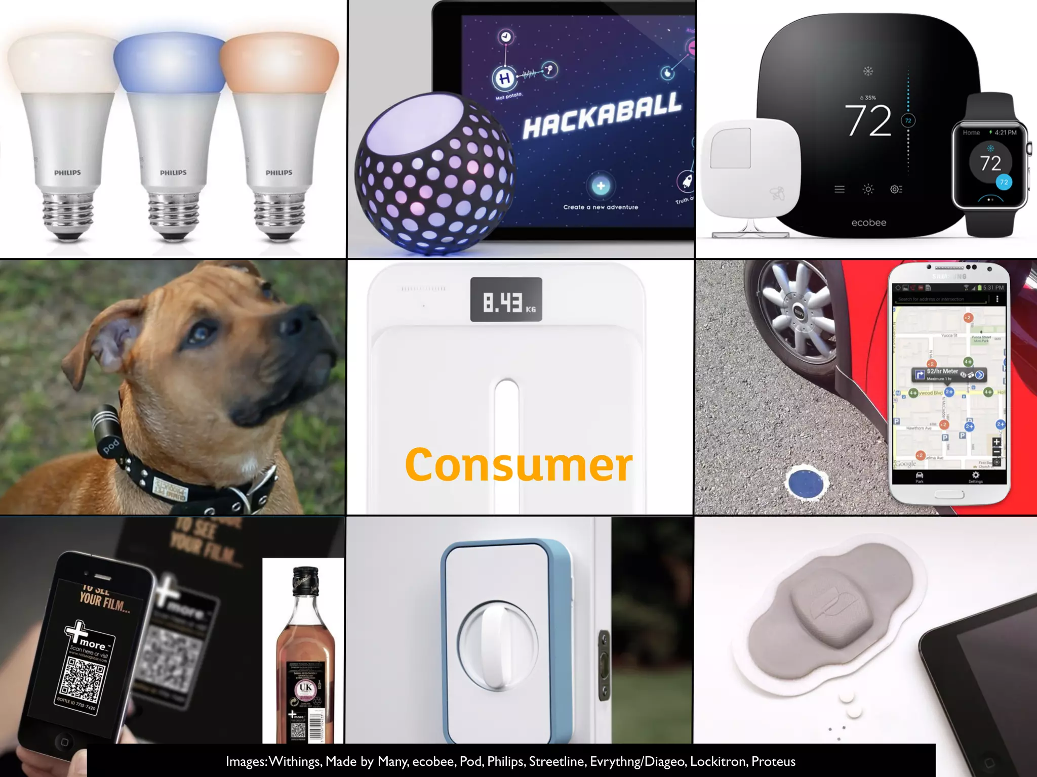 Consumer
Images:Withings, Made by Many, ecobee, Pod, Philips, Streetline, Evrythng/Diageo, Lockitron, Proteus
 