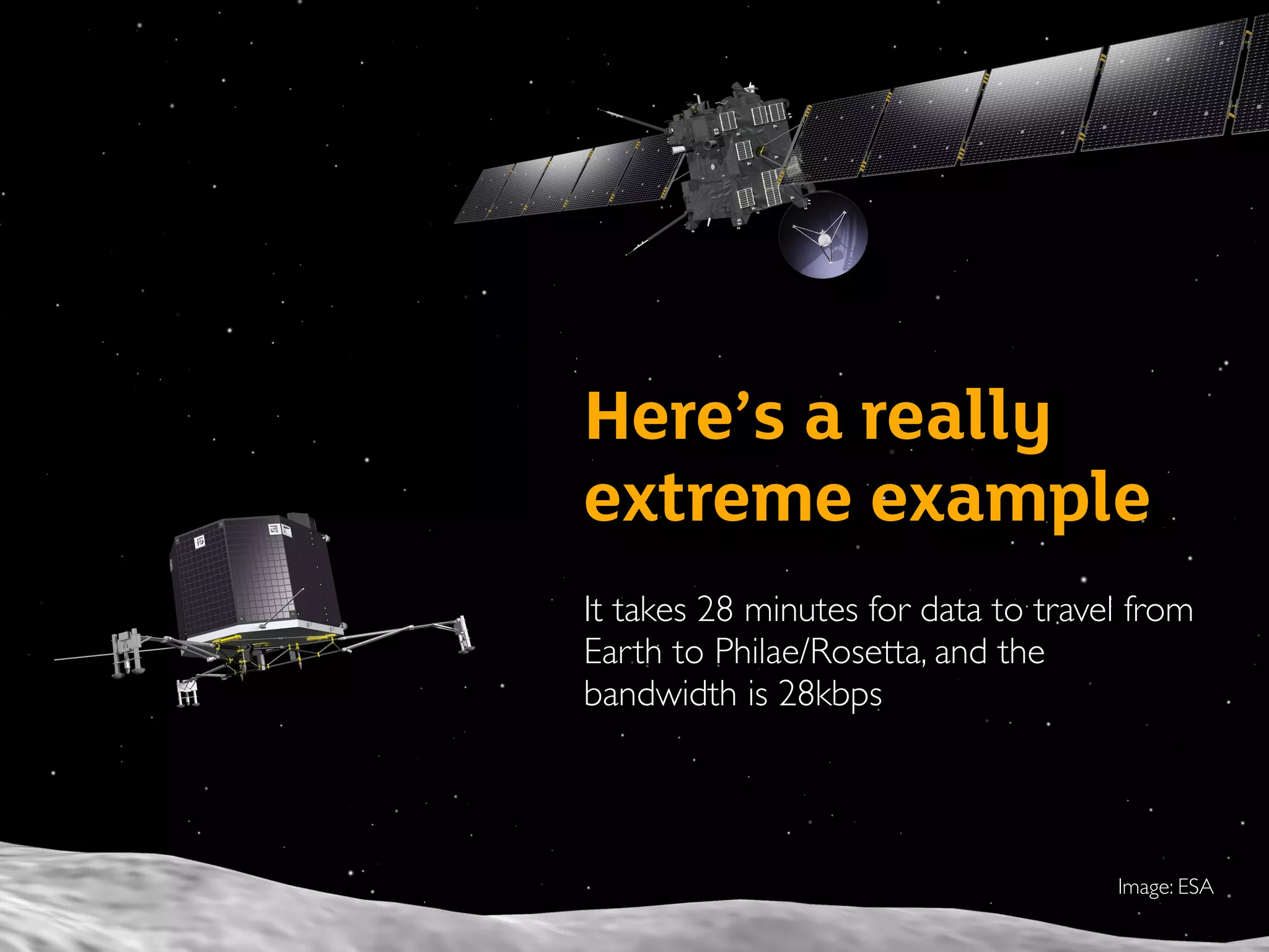 Here’s a really
extreme example
It takes 28 minutes for data to travel from
Earth to Philae/Rosetta, and the
bandwidth is 28kbps
Image: ESA
 