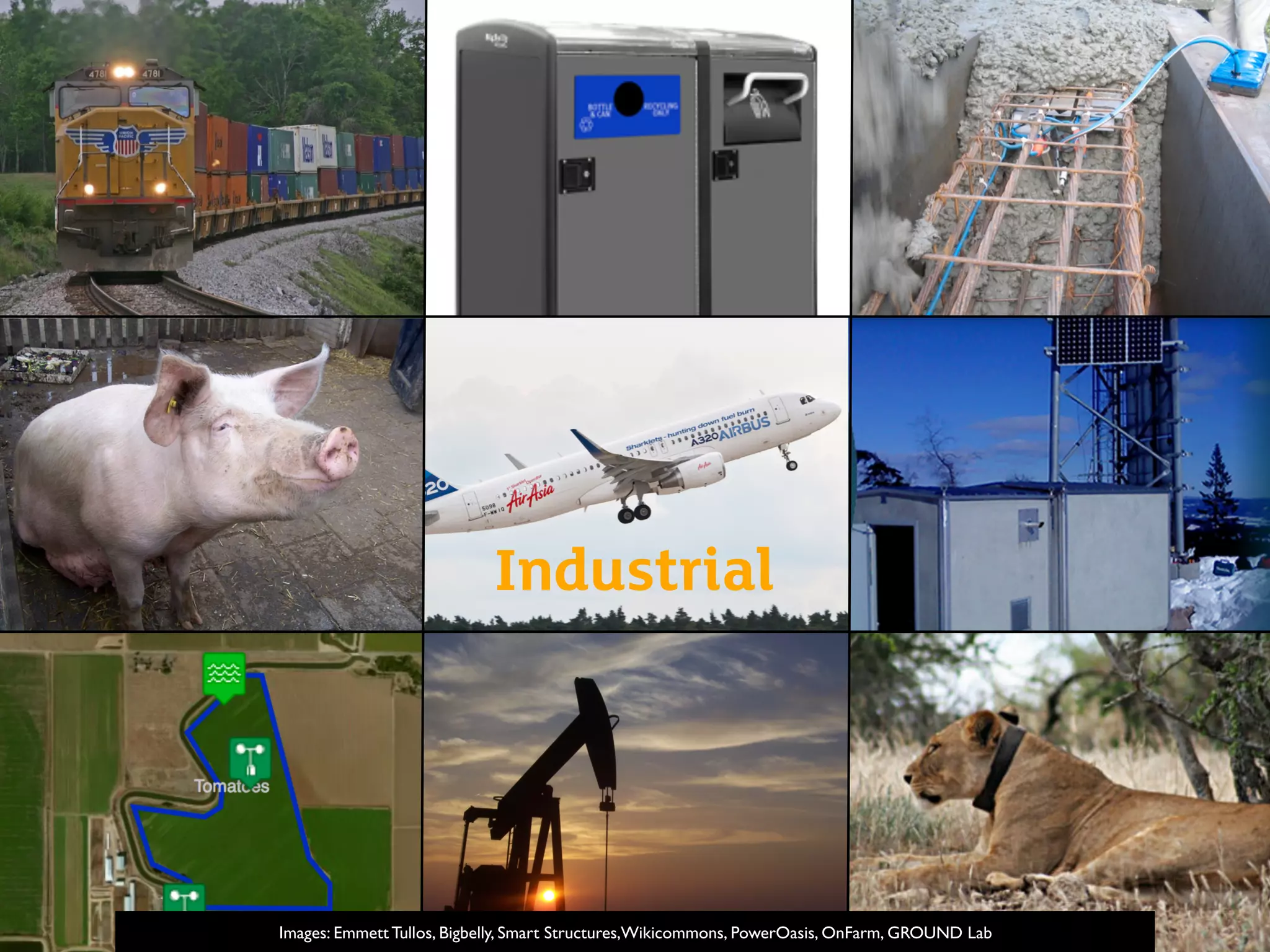 Images: Emmett Tullos, Bigbelly, Smart Structures,Wikicommons, PowerOasis, OnFarm, GROUND Lab
Industrial
 