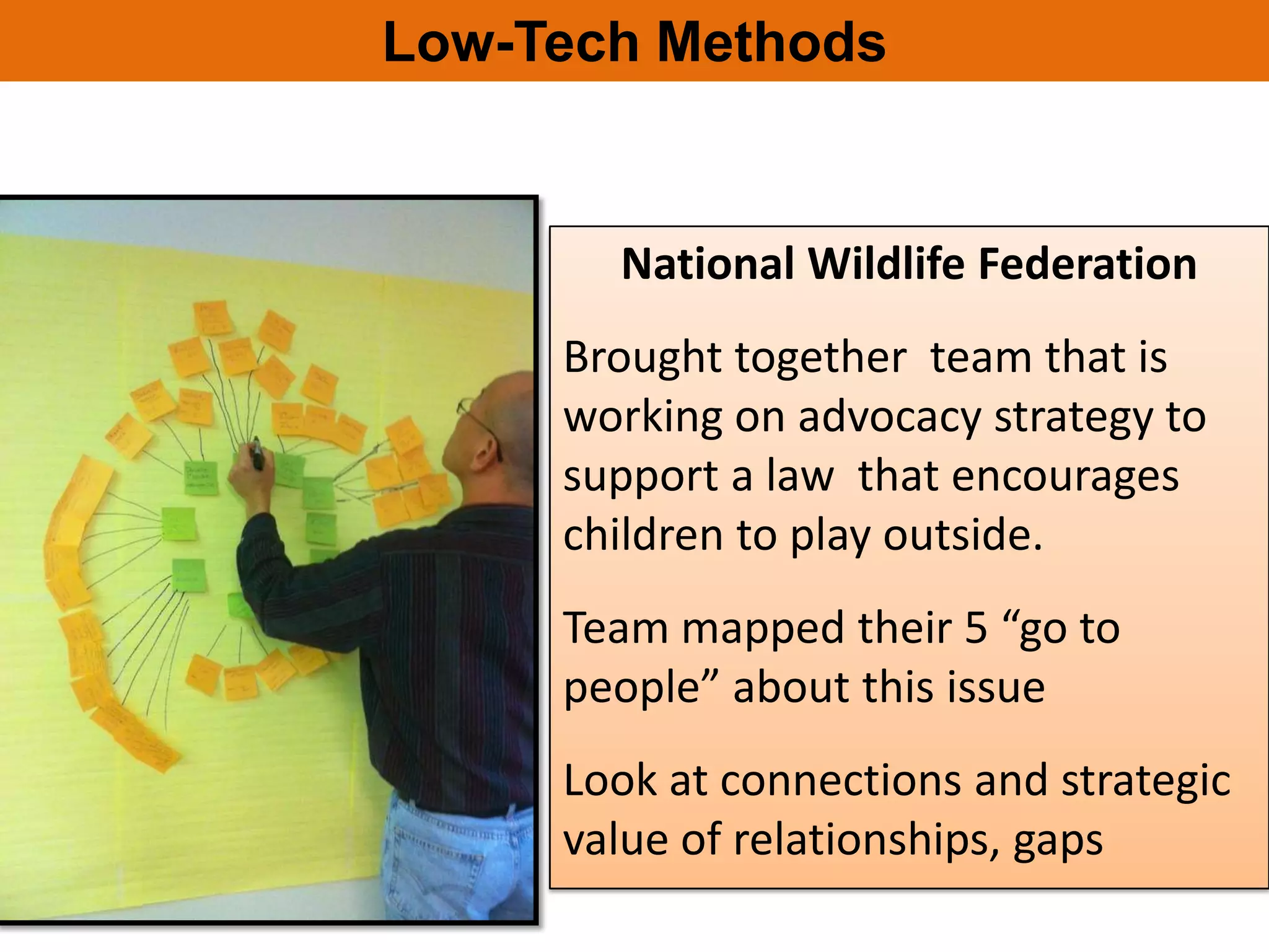 Low-Tech Methods


       National Wildlife Federation
     Brought together team that is
     working on advocacy strategy to
     support a law that encourages
     children to play outside.
     Team mapped their 5 “go to
     people” about this issue
     Look at connections and strategic
     value of relationships, gaps
 