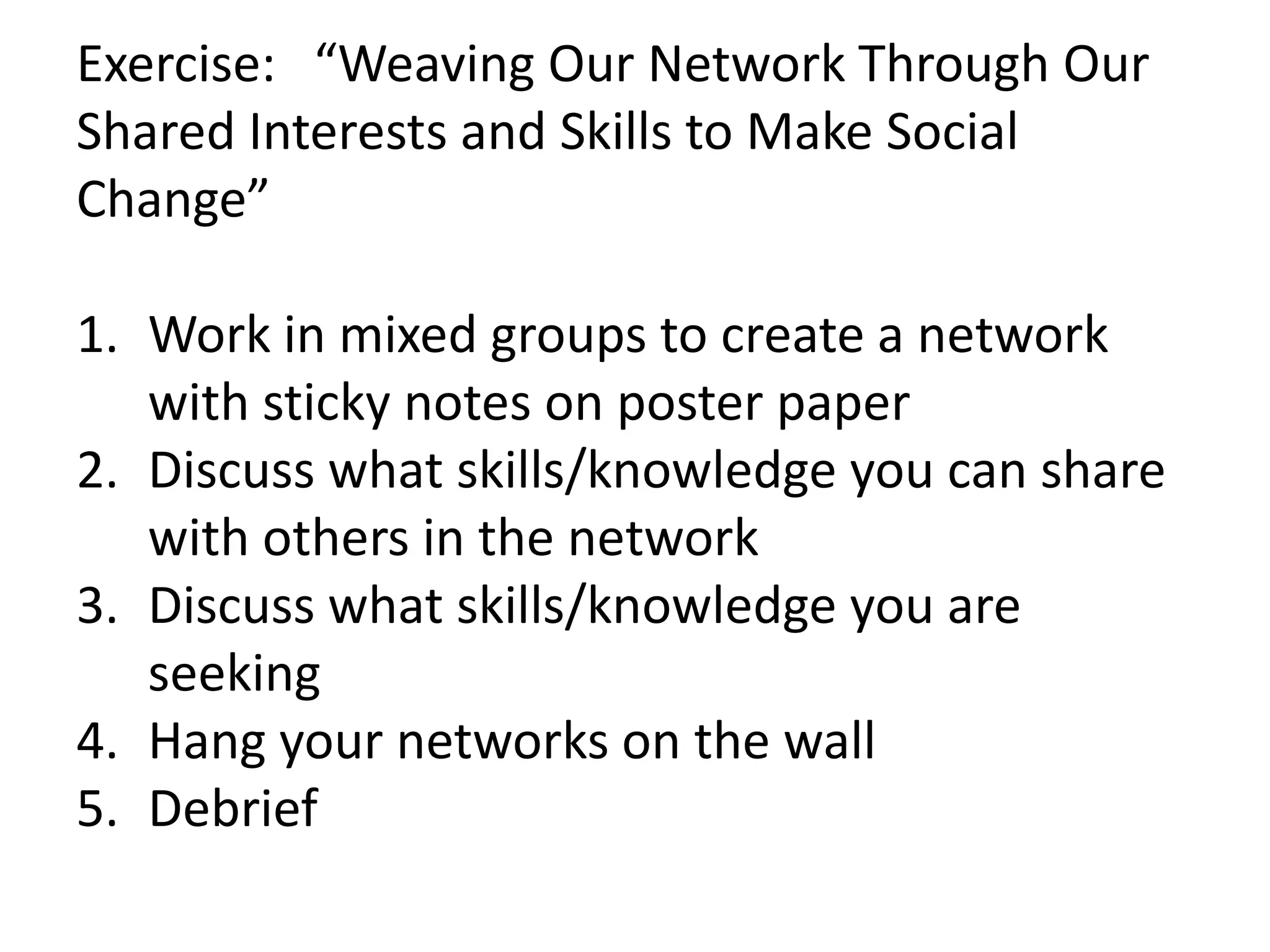 Exercise: “Weaving Our Network Through Our
Shared Interests and Skills to Make Social
Change”

1. Work in mixed groups to create a network
   with sticky notes on poster paper
2. Discuss what skills/knowledge you can share
   with others in the network
3. Discuss what skills/knowledge you are
   seeking
4. Hang your networks on the wall
5. Debrief
 