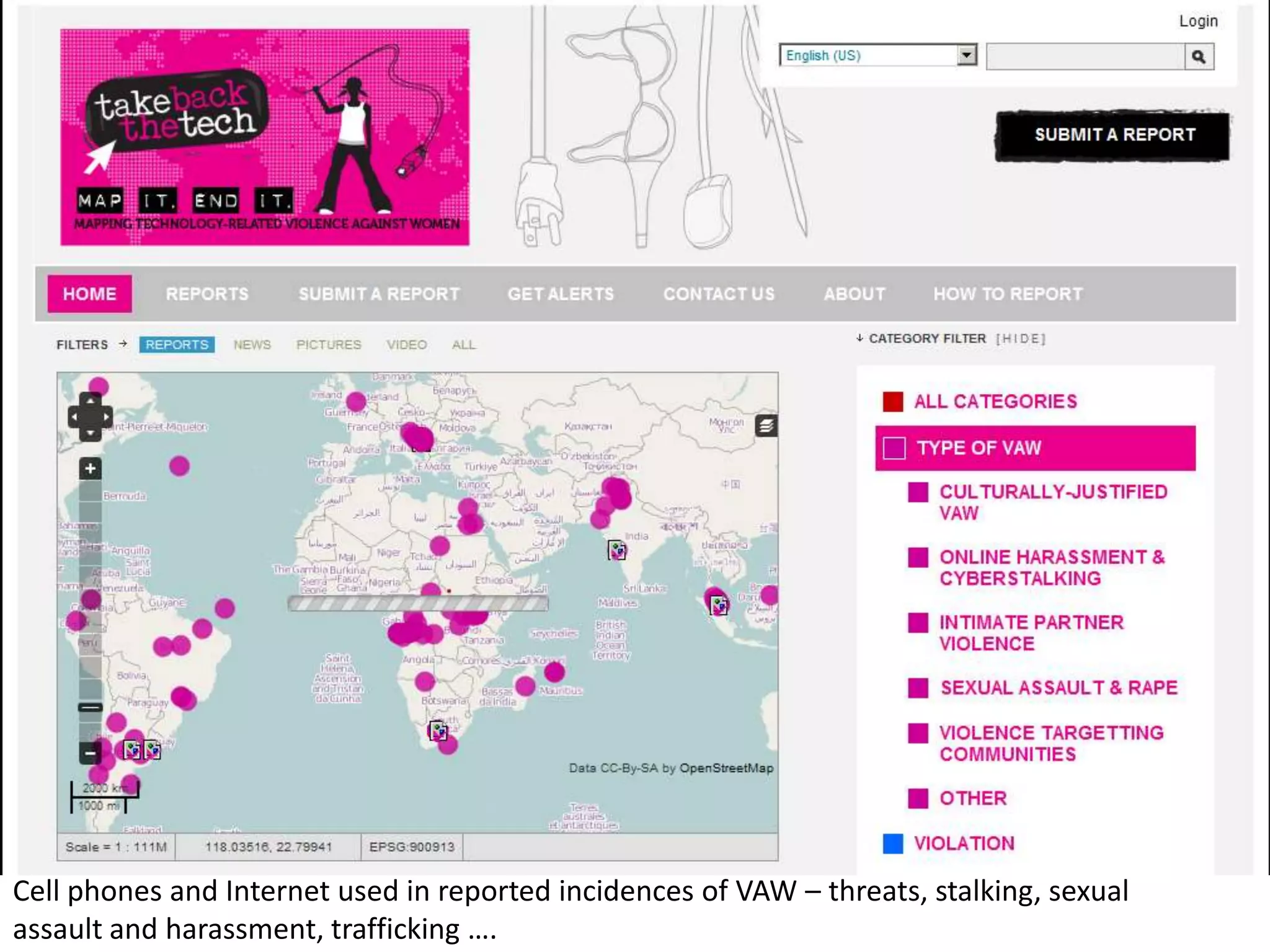 Cell phones and Internet used in reported incidences of VAW – threats, stalking, sexual
assault and harassment, trafficking ….
 