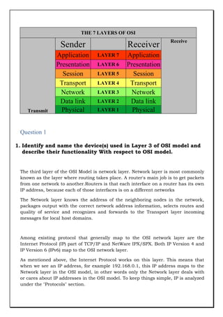 THE 7 LAYERS OF OSI

Sender

Transmit

Application
Presentation
Session
Transport
Network
Data link
Physical

Receiver
LAYER 7
LAYER 6
LAYER 5
LAYER 4
LAYER 3
LAYER 2
LAYER 1

Receive

Application
Presentation
Session
Transport
Network
Data link
Physical

Question 1
1. Identify and name the device(s) used in Layer 3 of OSI model and
describe their functionality With respect to OSI model.

The third layer of the OSI Model is network layer. Network layer is most commonly
known as the layer where routing takes place. A router's main job is to get packets
from one network to another.Routers is that each interface on a router has its own
IP address, because each of those interfaces is on a different networks
The Network layer knows the address of the neighboring nodes in the network,
packages output with the correct network address information, selects routes and
quality of service and recognizes and forwards to the Transport layer incoming
messages for local host domains.

Among existing protocol that generally map to the OSI network layer are the
Internet Protocol (IP) part of TCP/IP and NetWare IPX/SPX. Both IP Version 4 and
IP Version 6 (IPv6) map to the OSI network layer.
As mentioned above, the Internet Protocol works on this layer. This means that
when we see an IP address, for example 192.168.0.1, this IP address maps to the
Network layer in the OSI model, in other words only the Network layer deals with
or cares about IP addresses in the OSI model. To keep things simple, IP is analyzed
under the "Protocols" section.

 