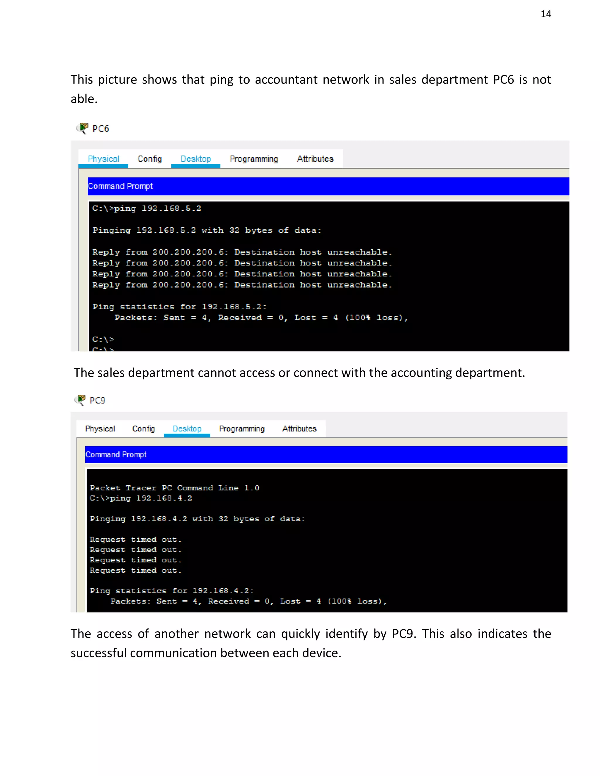 14
This picture shows that ping to accountant network in sales department PC6 is not
able.
The sales department cannot access or connect with the accounting department.
The access of another network can quickly identify by PC9. This also indicates the
successful communication between each device.
 