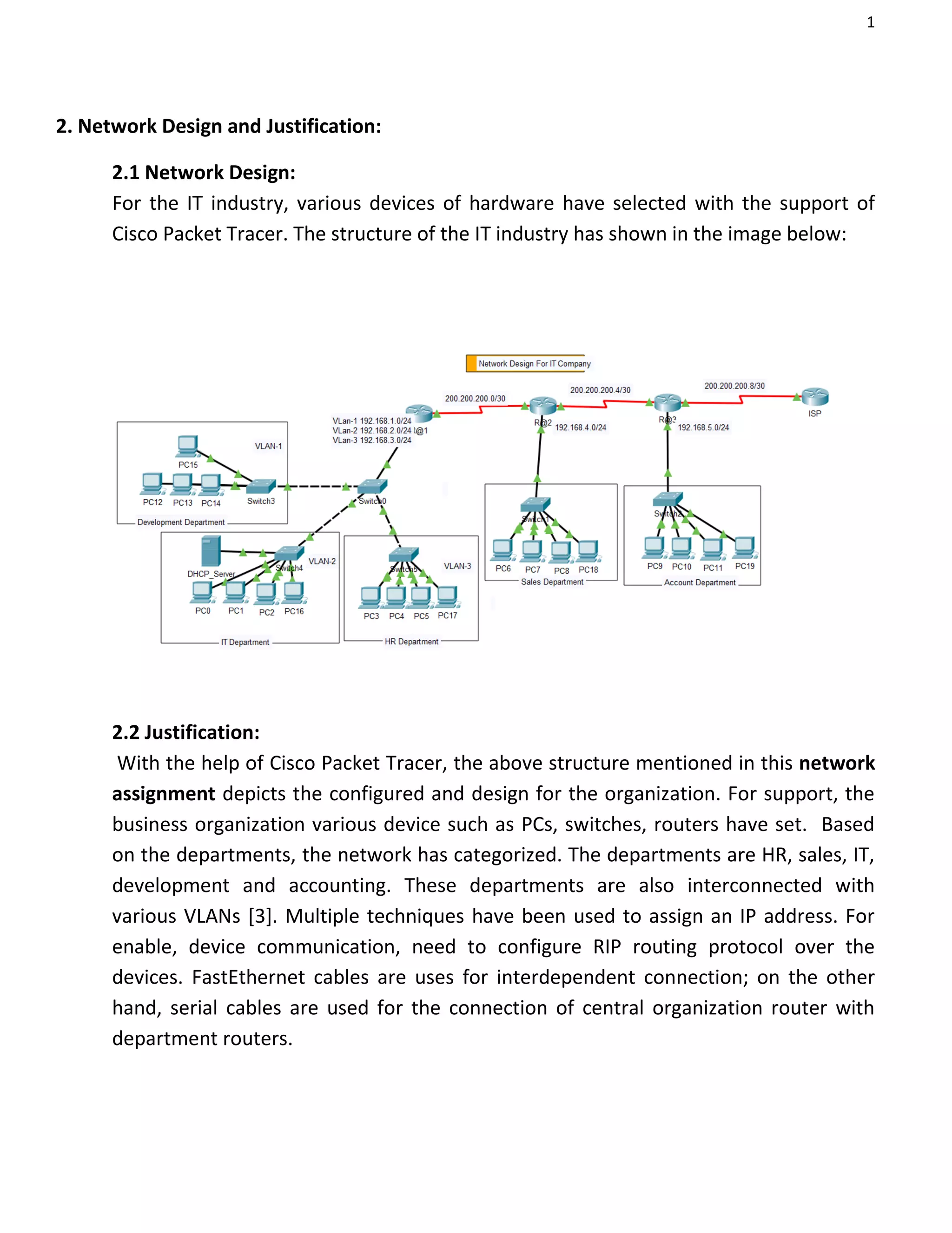 1
2. Network Design and Justification:
2.1 Network Design:
For the IT industry, various devices of hardware have selected with the support of
Cisco Packet Tracer. The structure of the IT industry has shown in the image below:
2.2 Justification:
With the help of Cisco Packet Tracer, the above structure mentioned in this network
assignment depicts the configured and design for the organization. For support, the
business organization various device such as PCs, switches, routers have set. Based
on the departments, the network has categorized. The departments are HR, sales, IT,
development and accounting. These departments are also interconnected with
various VLANs [3]. Multiple techniques have been used to assign an IP address. For
enable, device communication, need to configure RIP routing protocol over the
devices. FastEthernet cables are uses for interdependent connection; on the other
hand, serial cables are used for the connection of central organization router with
department routers.
 