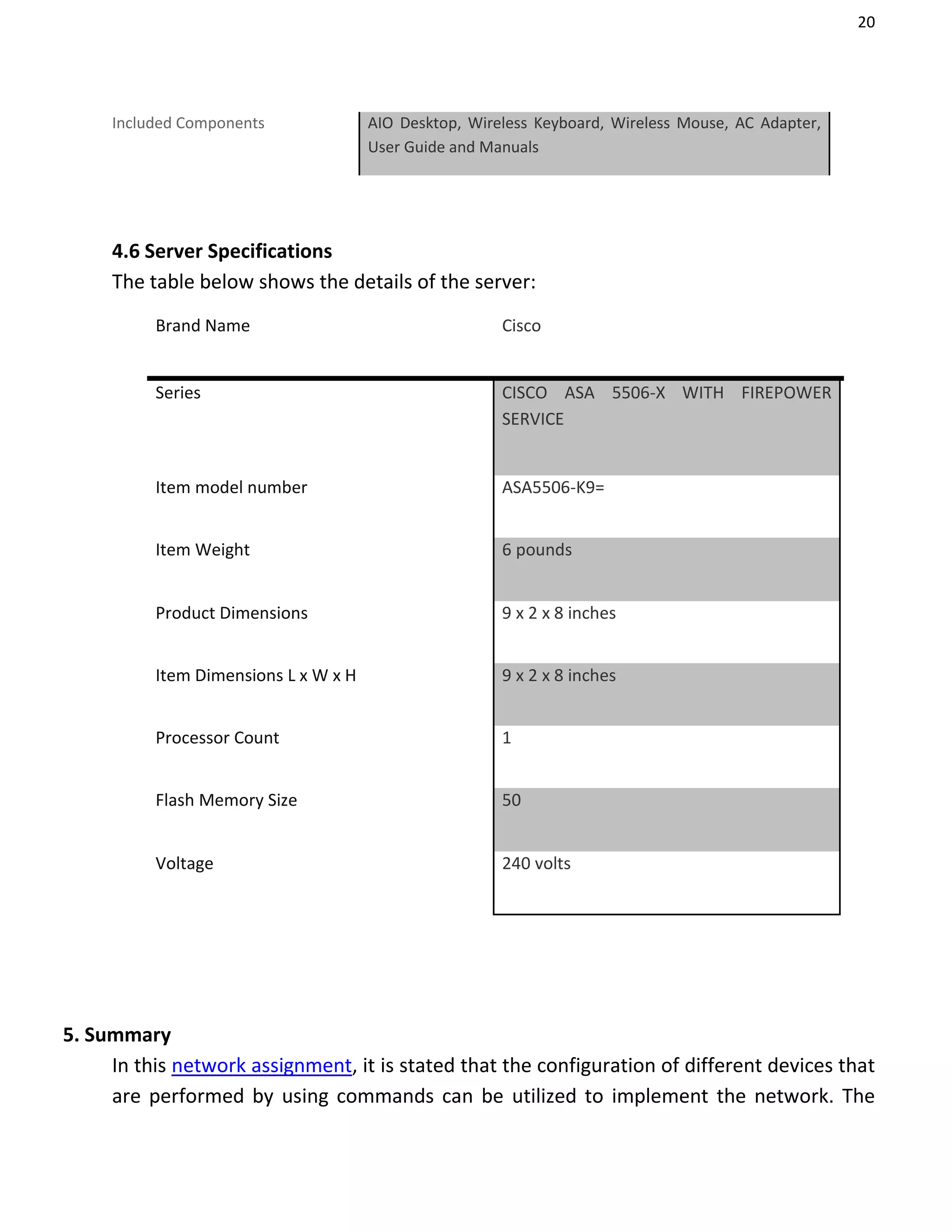 20
Included Components AIO Desktop, Wireless Keyboard, Wireless Mouse, AC Adapter,
User Guide and Manuals
4.6 Server Specifications
The table below shows the details of the server:
Brand Name Cisco
Series CISCO ASA 5506-X WITH FIREPOWER
SERVICE
Item model number ASA5506-K9=
Item Weight 6 pounds
Product Dimensions 9 x 2 x 8 inches
Item Dimensions L x W x H 9 x 2 x 8 inches
Processor Count 1
Flash Memory Size 50
Voltage 240 volts
5. Summary
In this network assignment, it is stated that the configuration of different devices that
are performed by using commands can be utilized to implement the network. The
 