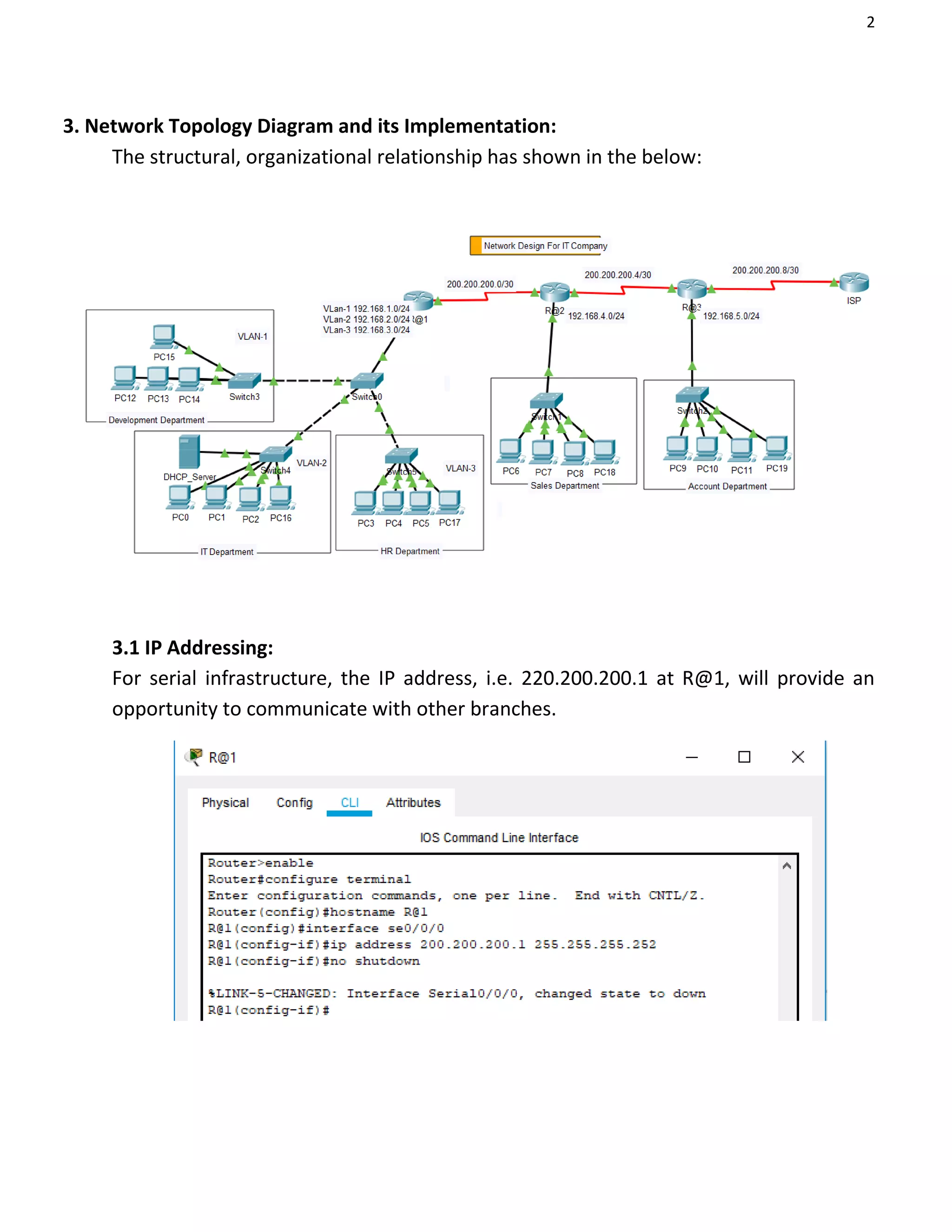 2
3. Network Topology Diagram and its Implementation:
The structural, organizational relationship has shown in the below:
3.1 IP Addressing:
For serial infrastructure, the IP address, i.e. 220.200.200.1 at R@1, will provide an
opportunity to communicate with other branches.
 