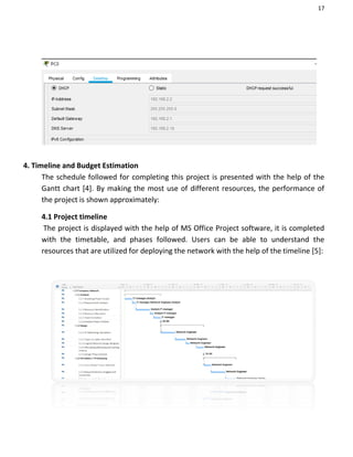 17
4. Timeline and Budget Estimation
The schedule followed for completing this project is presented with the help of the
Gantt chart [4]. By making the most use of different resources, the performance of
the project is shown approximately:
4.1 Project timeline
The project is displayed with the help of MS Office Project software, it is completed
with the timetable, and phases followed. Users can be able to understand the
resources that are utilized for deploying the network with the help of the timeline [5]:
 