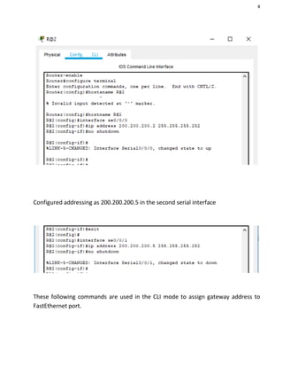 4
Configured addressing as 200.200.200.5 in the second serial interface
These following commands are used in the CLI mode to assign gateway address to
FastEthernet port.
 