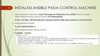 INSTALASI ANSIBLE PADA CONTROL MACHINE
1. Menambahkan repository Extra Packages for Enterprise Linux (EPEL) karena Ansible
tidak tersedia secara default pada Yum Repositories.
# rpm -ivh http://dl.fedoraproject.org/pub/epel/6/i386/epel-release-6-8.noarch.rpm
2. Menginstalasi Ansible.
# yum install ansible -y
3. Memverifikasi hasil instalasi Ansible.
# ansible --version
www.iputuhariyadi.net
18
 