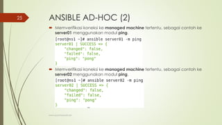 ANSIBLE AD-HOC (2)
 Memverifikasi koneksi ke managed machine tertentu, sebagai contoh ke
server01 menggunakan modul ping.
 Memverifikasi koneksi ke managed machine tertentu, sebagai contoh ke
server02 menggunakan modul ping.
www.iputuhariyadi.net
25
 