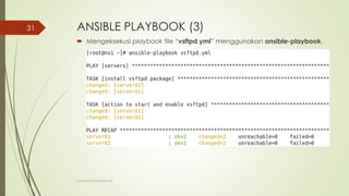 ANSIBLE PLAYBOOK (3)
 Mengeksekusi playbook file “vsftpd.yml” menggunakan ansible-playbook.
www.iputuhariyadi.net
31
 