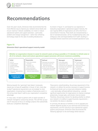 23 
network barometer 
report 
2014 
Recommendations 
Given this year’s results, Dimension Data recommends that the 
most effective way to improve your network service levels and 
ensure maximum network availability is to invest in mature 
operational systems and support processes – particularly 
problem and change management – rather than refreshing 
technology simply for the sake of avoiding obsolescence. 
Figure 13: 
Dimension Data’s operational support maturity model 
Whether an organisation chooses to sweat its network assets as long as possible or if it decides to refresh some or 
all of its network, robust and mature operational support processes will ensure maximum availability. 
Moving towards the ‘optimised’ level doesn’t necessarily 
require you to have all capabilities in-house. In fact, many day-to- 
day IT operational requirements are not strategic to most 
organisations: knowing how to replace a fixed-access switch in 
the wiring closet doesn’t add to your organisation’s competitive 
advantage. 
In many cases, it’s best to partner with an expert provider of 
network managed or outsourcing services. This will free up your 
own IT resources to focus on strategic projects that substantially 
build your competitive advantage. 
As shown in Figure 13, and based on our experience in 
evaluating organisations’ operational support maturity, the 
vast majority (90%) of organisations are still at the first or 
second level of maturity. These levels are characterised by a 
lack of standard processes, ad hoc troubleshooting tools, and 
ambiguous roles and responsibilities for IT staff, resulting in 
extended network downtime and increased operational costs. 
These points notwithstanding, the primary requirement of the 
network is to deliver the services necessary to support business. 
Architectural trends such as cloud and enterprise mobility 
– and, eventually, software-defined networking – provide 
significant opportunities for organisations to improve employee 
productivity, increase sales, and shorten time-to-market. 
Therefore, the primary criterion for deciding whether to refresh 
your network is its ability to support business requirements – 
not whether the device is obsolete. 
In summary, the decision of whether or not to upgrade your 
network depends equally on your technical and architectural 
requirements, and the maturity of your operational support 
systems and processes. Dimension Data recommends the 
following approach to the technology refresh decision: 
Initial 
• ad hoc 
• undocumented 
• unpredictable 
• poorly controlled 
• reactive 
• no automation 
• roles and responsibilities 
undefined 
Repeatable 
• some documented 
processes 
• processes not 
uniformly used 
• some automation 
• limited definition of 
roles and responsibilities 
Defined 
• processes are proactive 
• automation exists for 
defined processes 
• roles are well defined 
• mature asset and change 
management processes 
Managed 
• set quality goals 
• guaranteed SLAs 
• monitoring and reporting 
• processes are integrated 
• automation tools 
are integrated 
• capacity planning 
Optimised 
• IT and business 
metric linkage 
• continuous service 
improvement 
• IT improves 
business process 
• business planning 
Complete lack of 
organisation 
Holding down 
the fort 
Well run 
cost centre 
Business 
alignment 
Business 
driver 
 