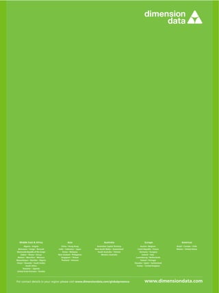 Middle East & Africa 
Algeria · Angola 
Botswana · Congo · Burundi 
Democratic Republic of the Congo 
Gabon · Ghana · Kenya 
Malawi · Mauritius · Morocco 
Mozambique · Namibia · Nigeria 
Oman · Rwanda · Saudi Arabia 
South Africa 
Tanzania · Uganda 
United Arab Emirates · Zambia 
Asia 
China · Hong Kong 
India · Indonesia · Japan 
Korea · Malaysia 
New Zealand · Philippines 
Singapore · Taiwan 
Thailand · Vietnam 
Australia 
Australian Capital Territory 
New South Wales · Queensland 
South Australia · Victoria 
Western Australia 
Europe 
Austria · Belgium 
Czech Republic · France 
Germany · Hungary 
Ireland · Italy 
Luxembourg · Netherlands 
Poland · Portugal 
Slovakia · Spain · 
Turkey · United Kingdom 
Switzerland 
Americas 
Brazil · Canada · Chile 
Mexico · United States 
For contact details in your region please visit www.dimensiondata.com/globalpresence 
